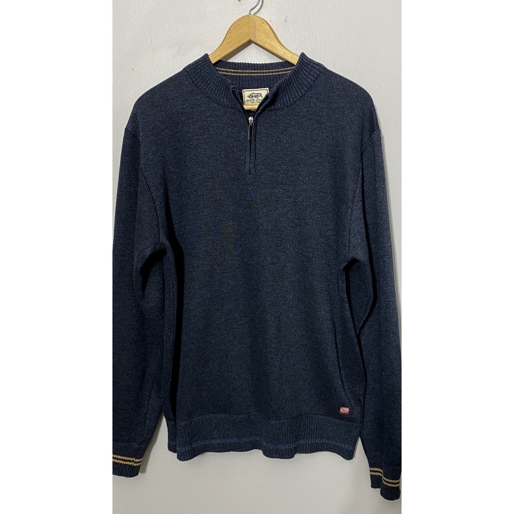 Ecko Unltd. Men's Quarter Zip Sweater XL Blue Preppy Business Casual Elbow Patch